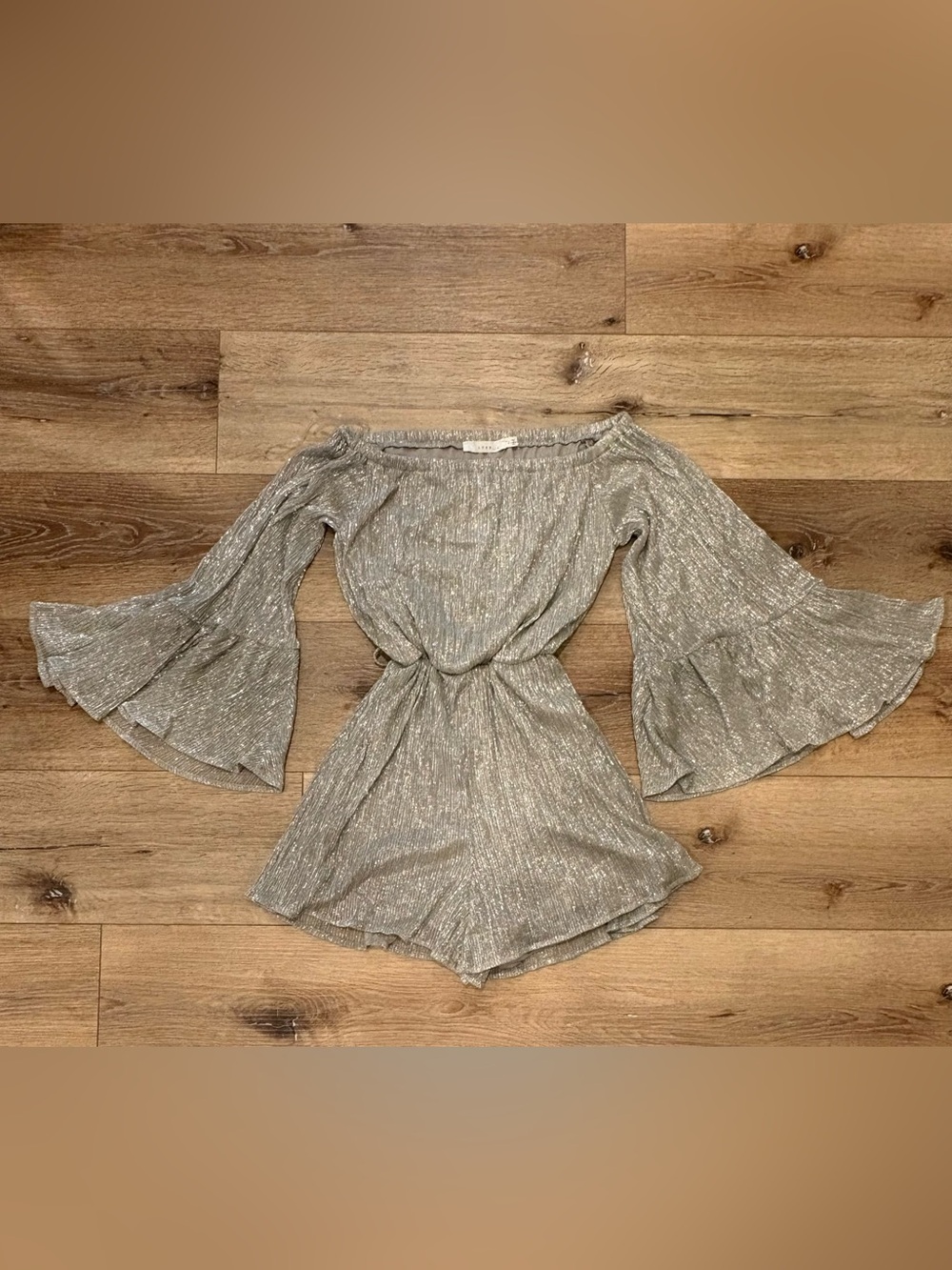 Women’s Lush Metallic Silver Off-Shoulder Romper- XS